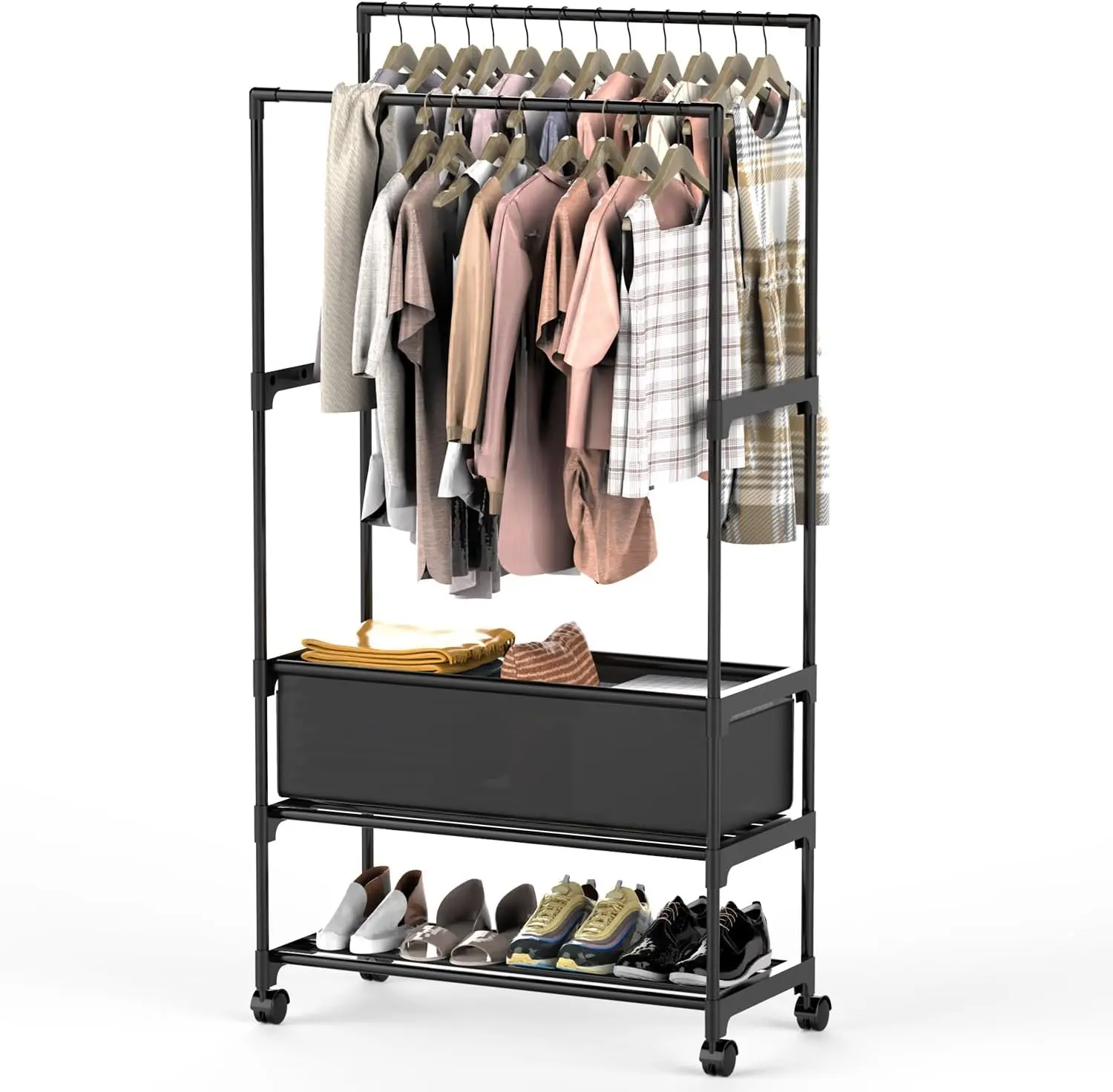 Double Rods Clothes Rack, Heavy Duty Metal Garment Rack Metal Clothing Racks with Shelves Lockable Wheels Portable Storage Bag Height Adjustable for Bedroom Laundry Living Room