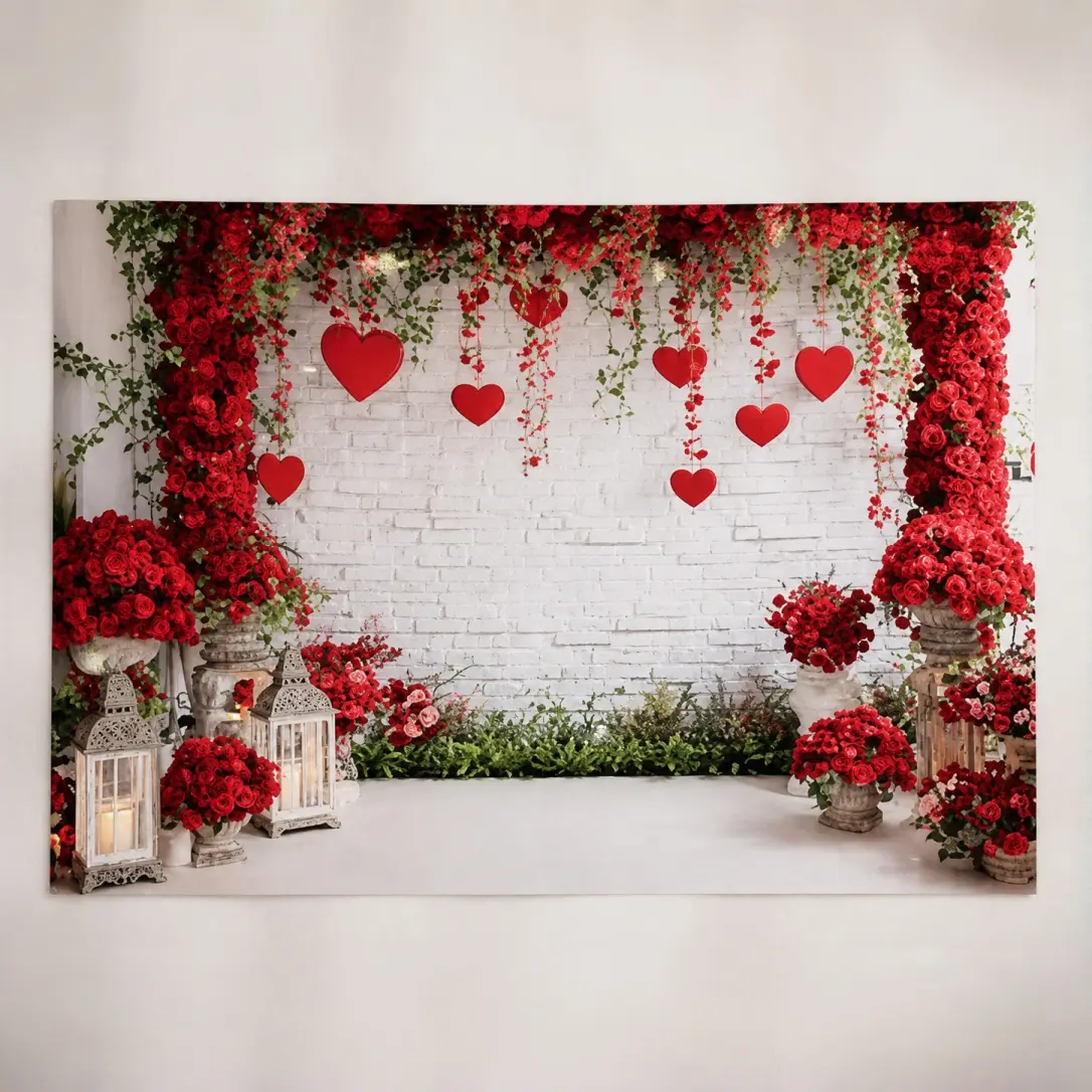 Red Rose Heart Polyester Backdrop, Romantic White Brick Floral Photography Background for Weddings and Valentine Events