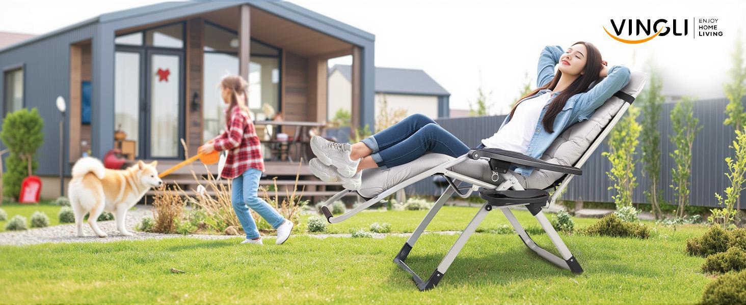 Padded Zero Gravity Chair, Lounge Chair with Removable Cushion Tray, Folding Reclining Patio Chairs, Recliner Chair for Lawn,Indoor and Outdoor,home decor,camping essentials