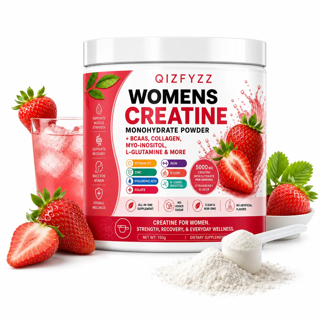 Women's Creatine Monohydrate Powder 5000mg - Strawberry Peach Flavor, BCAAs Added, Collagen, Myo-Inositol, L-Glutamine - Built for Women, Prop 65 Safe Dietary Supplement for Strength Boost, Recovery, Energy, Edible