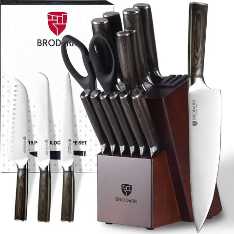 BRODARK 15PCS Full Tang Professional Cutlery Set with Storage Block & Sharpener, Food Grade German High Carbon Stainless Steel Blades for Cutting, Includes Slicer, Boning, Steak Knives, Gift-Ready Kitchenware