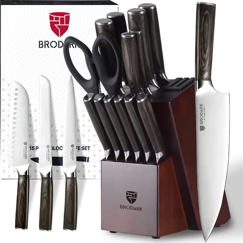 BRODARK 15PCS Full Tang Professional Cutlery Set with Storage Block & Sharpener, Food Grade German High Carbon Stainless Steel Blades for Cutting, Includes Slicer, Boning, Steak Knives, Gift-Ready Kitchenware