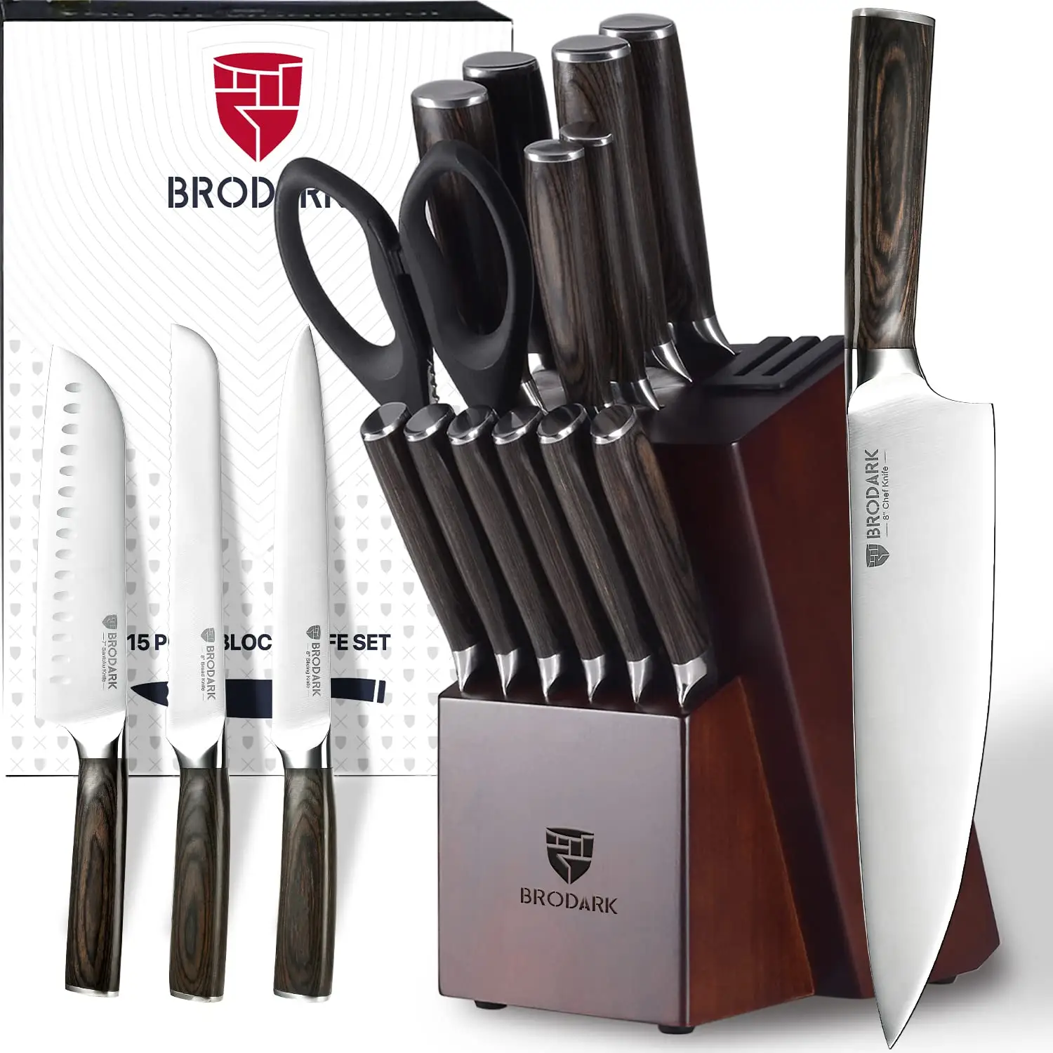 BRODARK 15PCS Full Tang Knife Set with Block wooden controller Food Grade German High Carbon Stainless Steel Professional Chef Knife Set with Sharpene