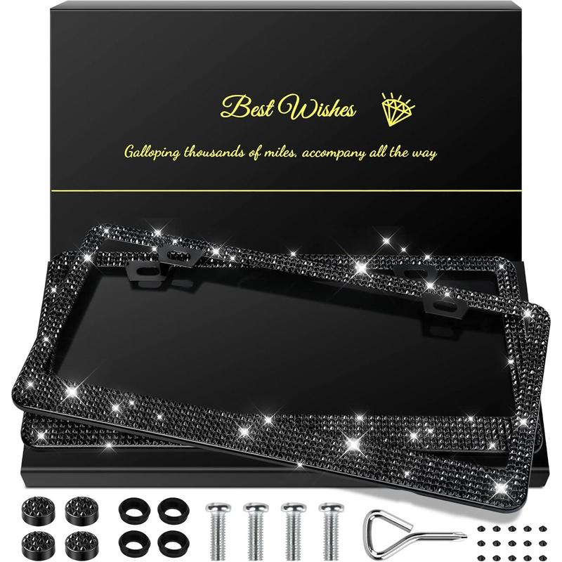 2 Pack Bling License Plate Frames for Women, Sparkly Rhinestone   Accessories with Glitter  Caps (Black)