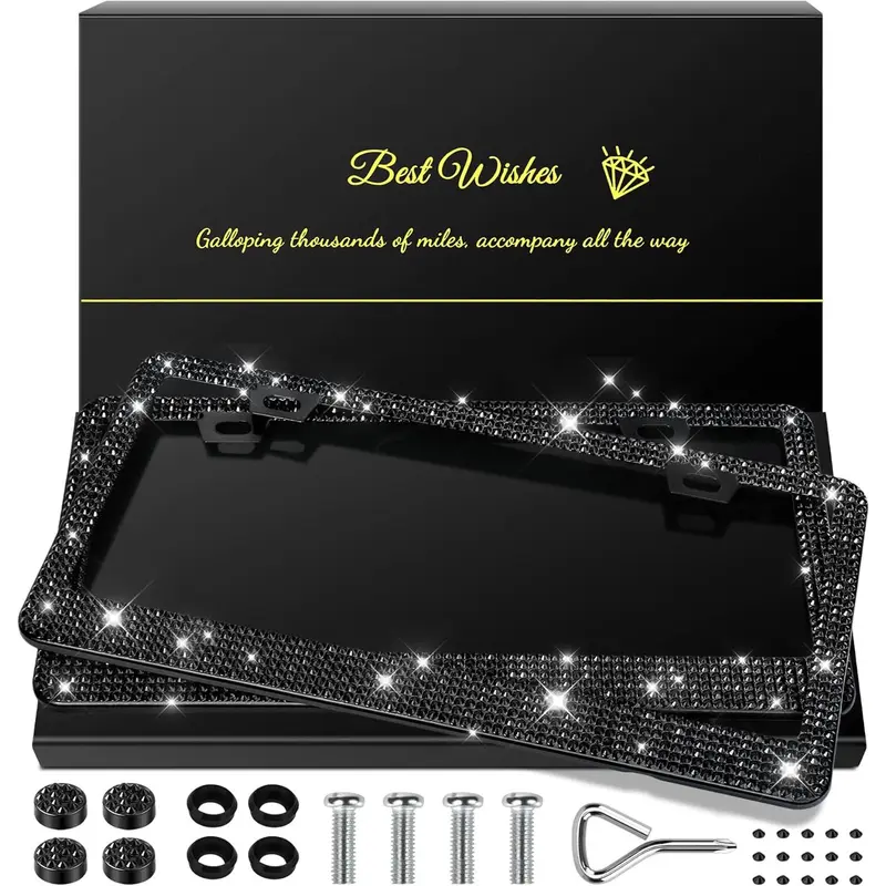 2 Pack Bling License Plate Frames for Women, Sparkly Rhinestone   Accessories with Glitter  Caps (Black)