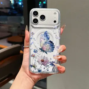 1pc Simple Spring Purple Floral Butterfly Pattern Magnetic Phone Case, supports wireless charging, provides drop protection, and features magnetic adsorption. Compatible with iPhone 11/17 Pro Max / Galaxy S25/S24/S23.  A perfect holiday gift.