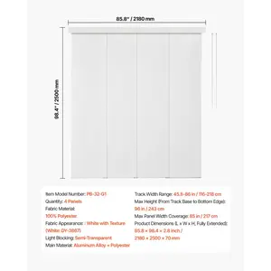 VEVOR Panel Track Blinds, Extendable Track from 45.8 in to 86 in W, Trimmable Panel Curtains Up to 96 in H, Adjustable Vertical Panel Blinds for Sliding Doors, Patio Doors, Room Divider, Window, White