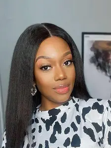 18 Inch Black Kinky Straight Wigs for Women, Gorgeous Fluffy Wigs without Bangs, Synthetic Hair Full Machine Wigs for Party & Daily Use, Machine Made Wigs, Synthetic Material Wigs