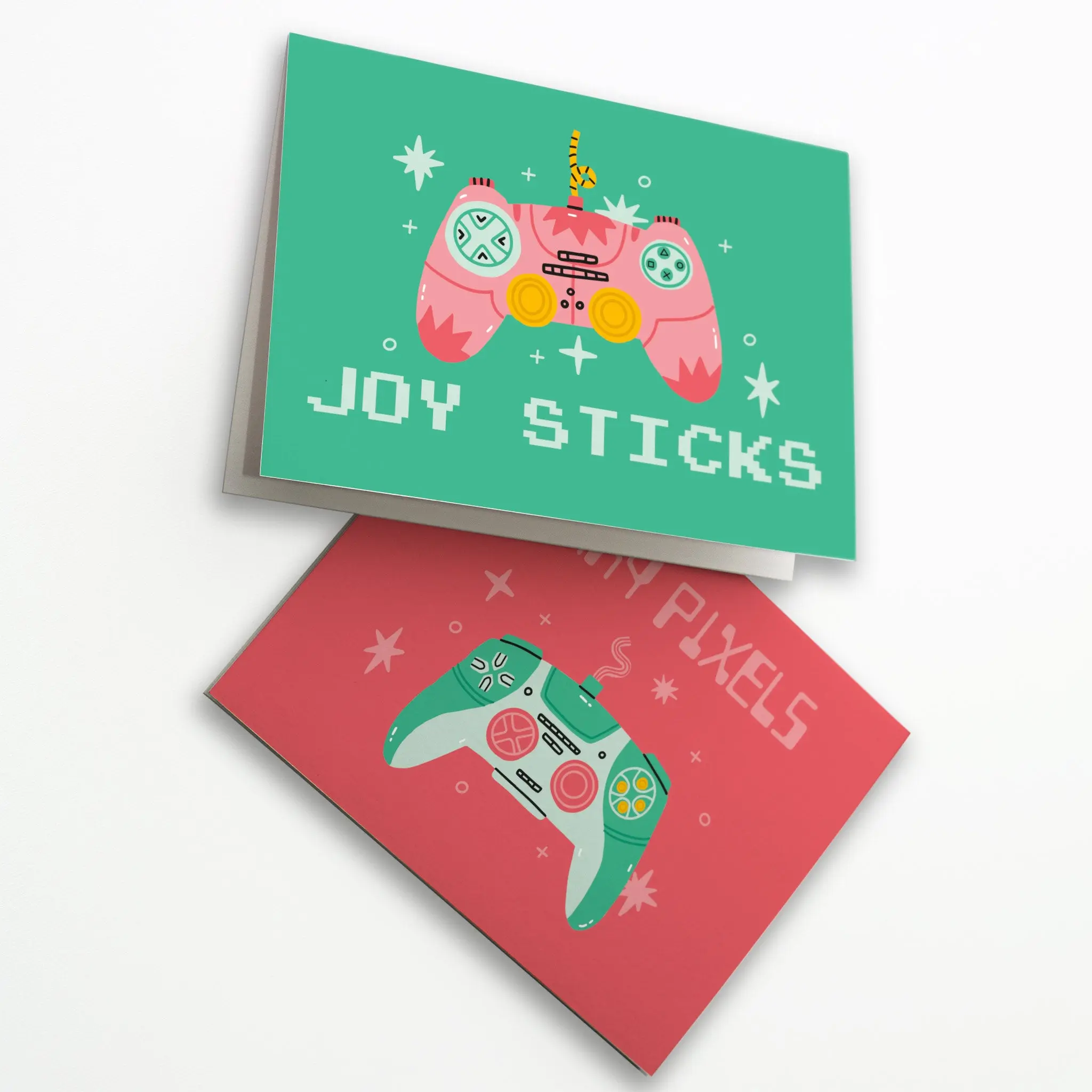 24 Girly Gamer Christmas Cards with 2 Fun Pink & Teal Illustrations + Envelopes