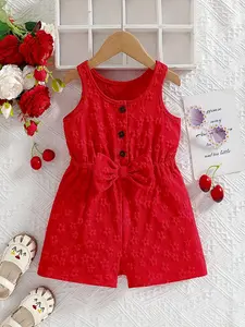 Girls' Floral Bow Tie Belted Pants Set, Sweet Festive Style, Textured Design & Front Buttons, Waist Cinching Large Bow, Fashion Clothes Set, 0-3 Years