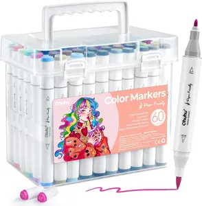 Ohuhu Markers Paper-friendly No Peeling Water-based Coloring Markers 60 Colors Dual Brush Fine Tips Markers for Adult Coloring Books No Bleeding Art Markers for Kids Adults Beginner Calligraphy