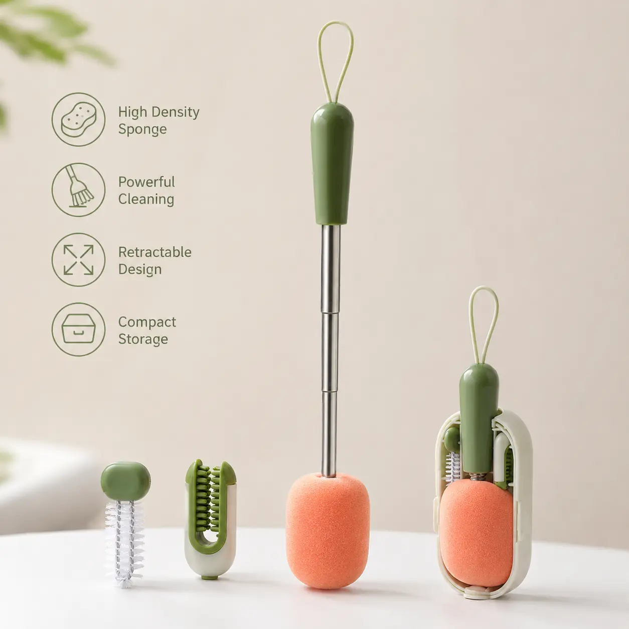 1 Count Portable Cup Cleaning Brush Set, Telescopic Extendable Handle, Multiple Functional Brush Heads, Storage Case For Cleaning Bottles, Cups and Thermoses,dorm essentials,home essentials