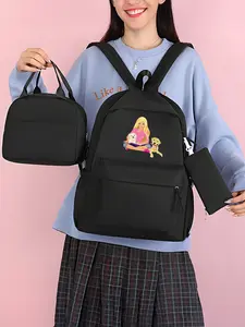 Backpack set with Barbie doll and two puppies pattern zipper closure, large capacity, suitable for daily use and New Year gifts