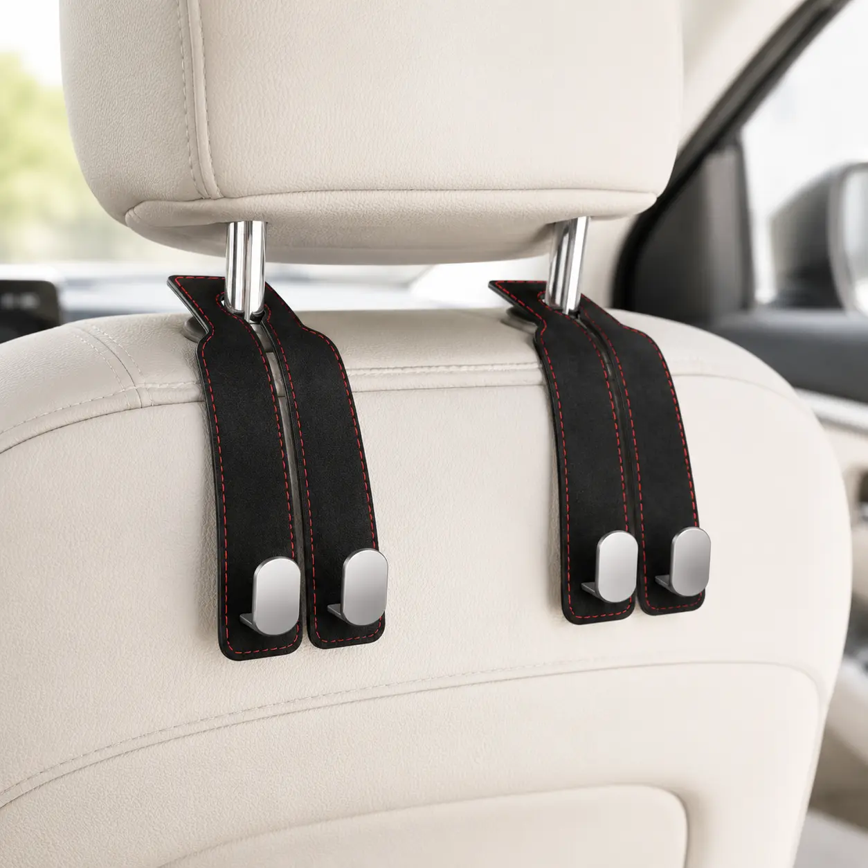 2Pcs Car Headrest Hooks - Durable Auto Accessory with Dual Functions, No Glue Required 2-In-1 Auto Interior Organizers with Phone Holder, Universal Vehicle Seat Back Hangers for Storage