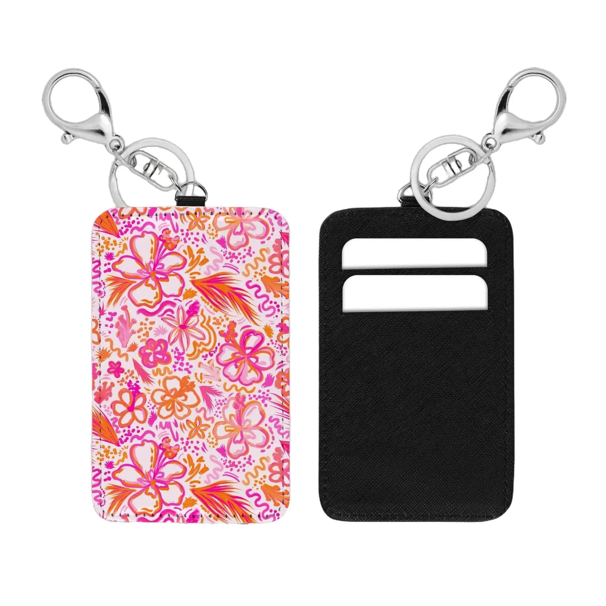 Keychains - Tropical Hibiscus Floral Design and Black Plain Option for Card Placement