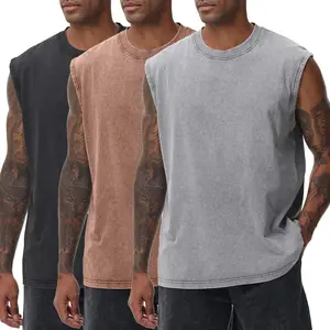 Men's Cotton 3-Pack Sleeveless Fitted Tank Tops - Acid Wash Lettered, Casual Round Neck Plain Streetwear Casual T-Shirts for Gym, Running