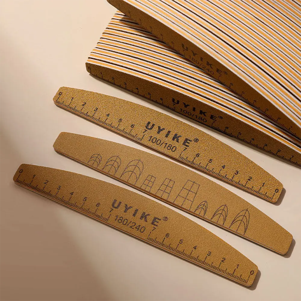 1pc Washable Double-Sided Nail File with Scale Line 100/180 180/240 Grit Reusable Emery Boards & Curved Ruler Nail Buffer Tools