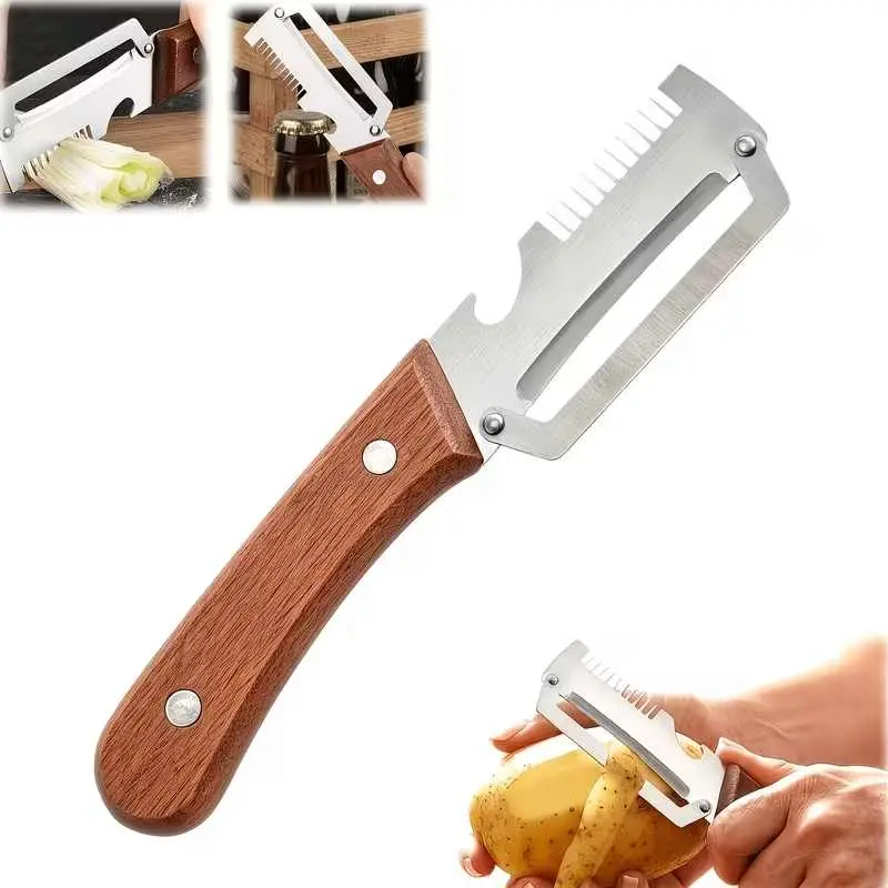 SK5 Stainless Steel Multi-Slicer Peeler - Ergonomic Anti-Slip Wooden Handle Tool with Chive, Onion Flower Cutters for Home Kitchen Use (Slicer, Cutter Peeler Variants Included), Multi-Slicer Peelers, And Slicer Peelers