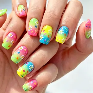 24pcs Press-On Nails Set, Includes Jelly Glue & File, Rainbow Daisy Design, Short Square Shape, Summer Fresh Flower False Nails