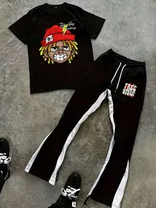 Men's Black T-Shirt & Pants Set, "Blue Sky Thinking" Rapper Head & Free Style Print Y2K Urban Streetwear 2PC
