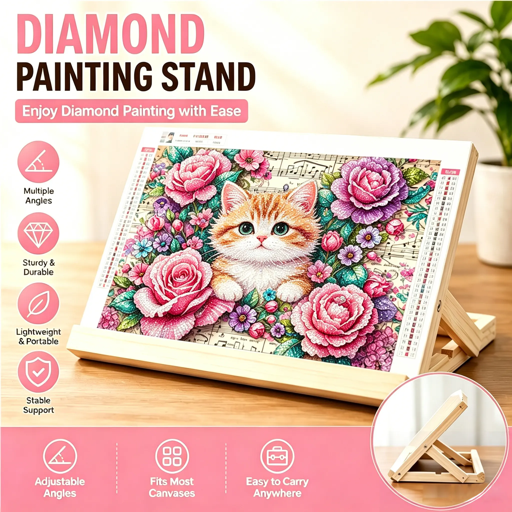Natural Wood Adjustable Diamond Art Easel - Foldable for Easy Storage, Adjustable Angles, Reduces Neck/Back Strain, 23×33 Cm/30×45 Cm Sizes, Ideal for Cross Stitch, Tablets, Drawing, Craft Tables
