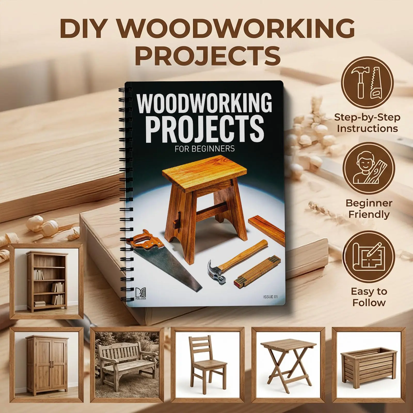Woodworking Projects for Beginners Guide, Tutorial, Step-by-Step DIY Woodcraft Manual, Easy Woodworking Plans for Adults, Practical Beginner Project Notebook