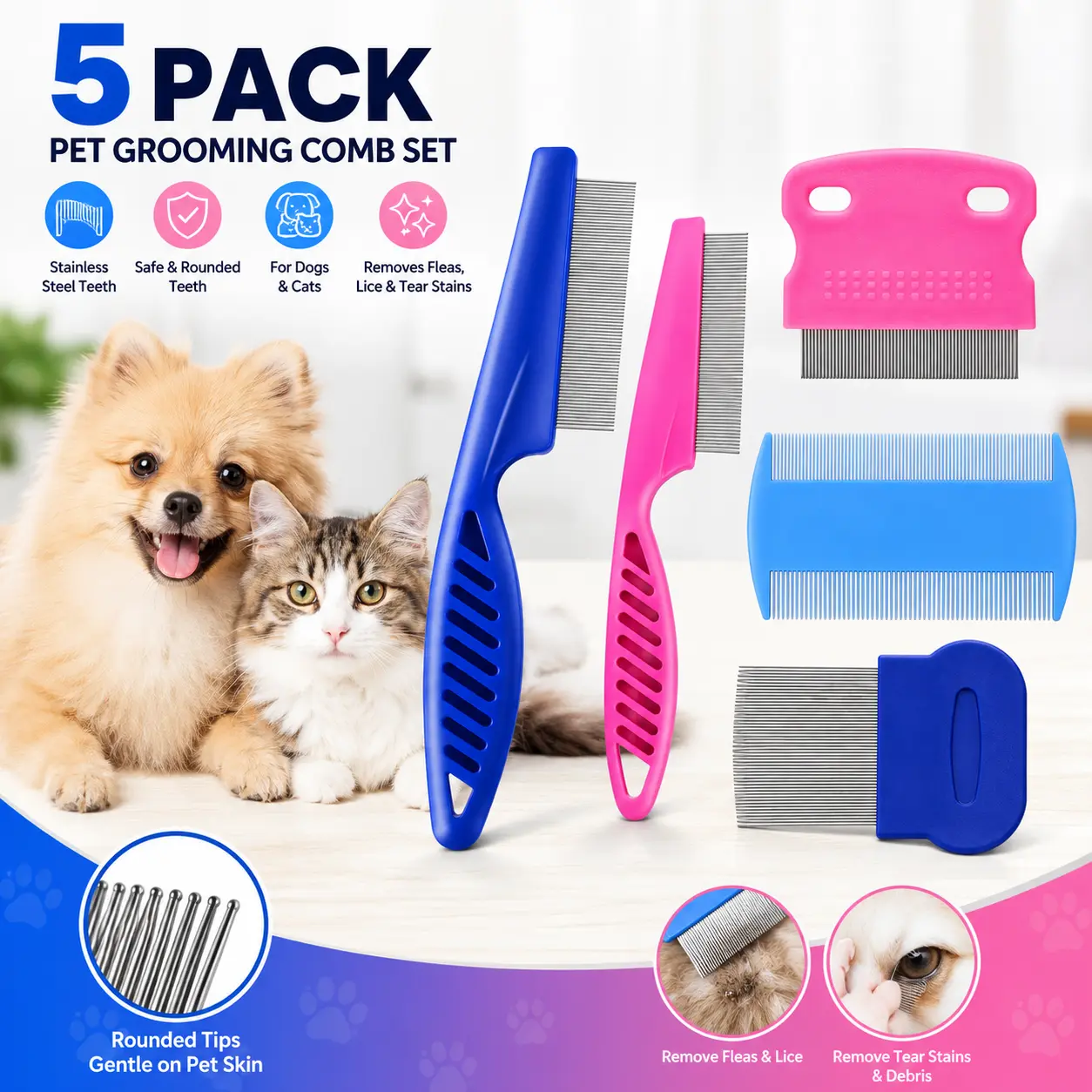 5 Pack Flea Lice Comb,Stainless Steel Dog Cat Grooming Combs with Rounded Teeth,Double Sided Professional Pet Tear Stain Remover,Dematting Tool for Small, Ideal for all pet