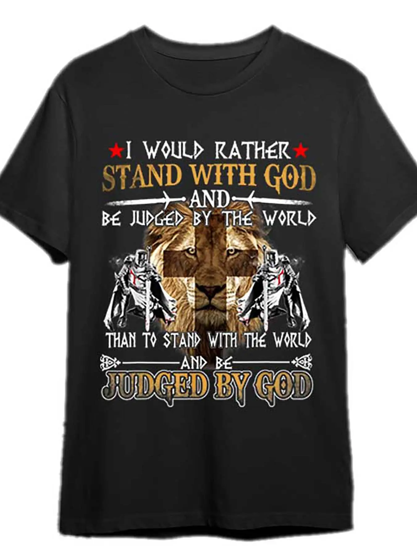 Men's "I'd Rather Be Judged By God" Knight Templar Christian Graphic T-Shirt - Lion & Cross Design, Bold Statement Tee, Short Sleeve Casual Round Neck, Machine Washable Black Shirt for Men