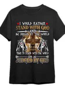 Men's "I'd Rather Be Judged By God" Knight Templar Christian Graphic T-Shirt - Lion & Cross Design, Bold Statement Tee, Short Sleeve Casual Round Neck, Machine Washable Black Shirt for Men