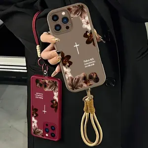 Vintage Floral Aesthetics Lanyard Smartphone Case, Christian Psalms 46:5 Cross Cover for iPhone 15 Pro Max, Matte Finish Anti-Drop Bumper Cellphone Casing, Religious Birthday Gift Accessories for Her
