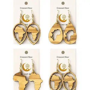 Crescent Noor African Heritage Wooden Earrings - Handcrafted with Natural Wood, Featuring African Map Design, Perfect for Everyday Wear