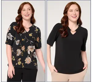 Susan Graver Liquid Knit Print & Solid Set of 2 Tops w/ Keyhole Trim