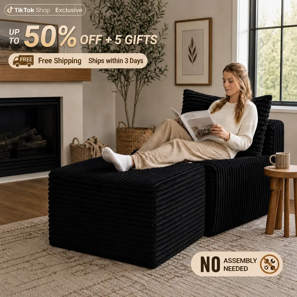 Black 63" Oversized Corduroy Sofa Chair with Movable Ottoman, Deep Seat Comfy Chaise Lounge, Single Sleeper Sofa for Living Room Bedroom Small Spaces