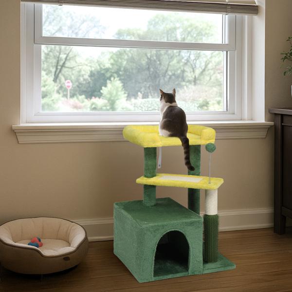Cat Tree House And Towers For Big Feline Scratching Post Multi-Level Large Kitty Climbing Tower With Curved Perch Cozy Condo Padded Top Bed Kittens Indoor Cats Beige Green，Fashion Accessories Fabric Buddy