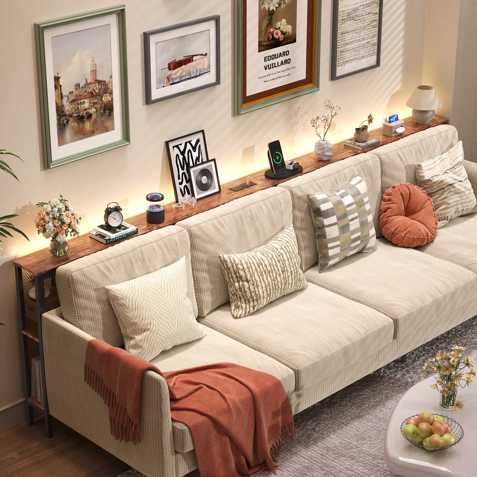 MIIFUNY 102.4" Long Behind Couch Table with LED Lights, Outlet & Bookcase Narrow Sofa Table Behind Couch, Wood Console Tables with Storage, Entryway Table for Hallway, Living Room, Rustic Brown