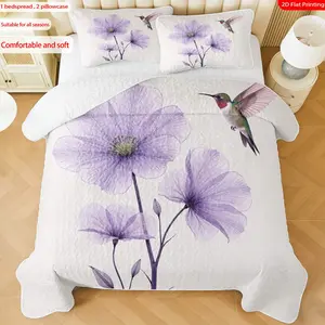 3 pcs, 2D Flat Print Hummingbird & Purple Flower Pattern Bedspread Set, Soft and Comfortable, Multiple Sizes Available, Suitable for Gifting and Daily Use, Ideal for Creating a Cozy Home Atmosphere(1 bedspread , 2 pillowcases)