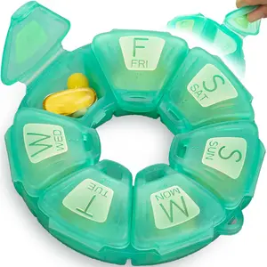 Round Weekly Pill Organizer, TPU Rubberized, Travel Pill Container 7 Day, with 7 Large Compartments, Great for Daily Vitamins & Supplements, Cute Pill Case with Large Letters and Braille