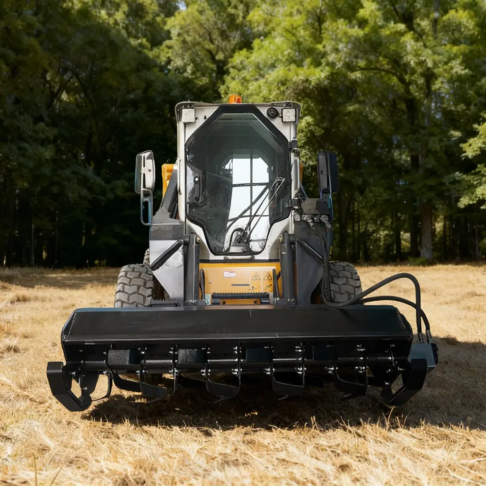 72" Bi-Directional Rotary Tiller Universal Skid Steer Attachment - Quick Attach, Direct-Drive Motor, 20gpm, 3046 psi, 71.37x35.10x29.37in, 864lb, Adjustable Shoes, Flat Face Couplers, Hardened Tines, Hose Protection Wrapping (for Gardens, Food Plots)