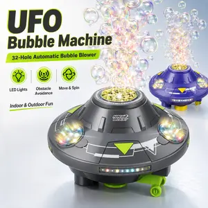 UFO Bubble Machine for Kids, 32-Hole Automatic Bubble Blower with Colorful LED Lights, Rechargeable Moving Bubble Robot with Obstacle Avoidance, Indoor Outdoor Bubble Toy for Toddlers, Birthday Gifts