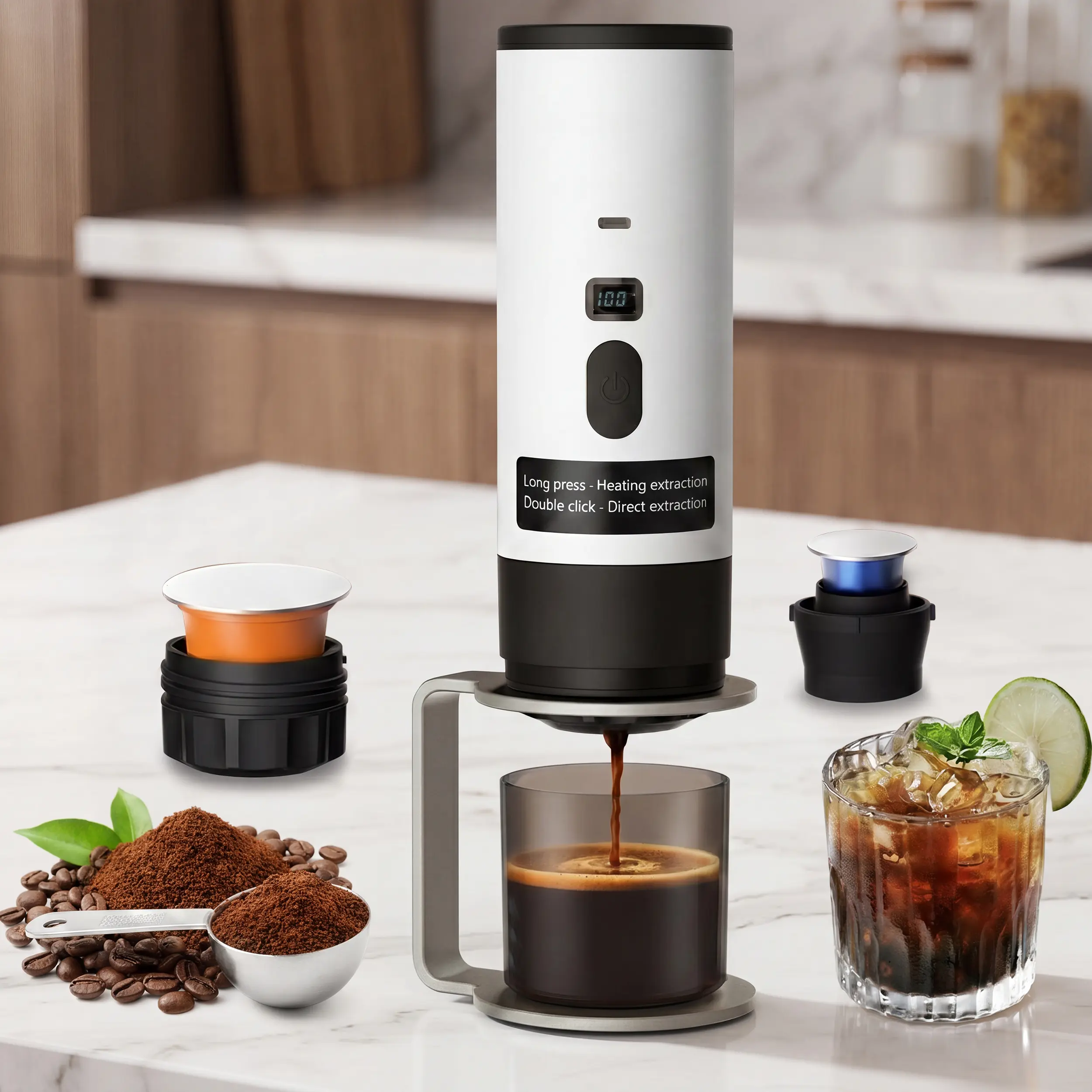 Portable Espresso Maker for Coffee Lovers, Type-C Powered, with Stand & Storage Bag, Compatible with NS Capsules & Ground Coffee, Ideal for Travel & Home Use Bottle