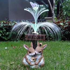 Solar  Garden Statues,  Family Figurine with Welcome Card and 7-Color Changing Optical Fiber with Solar Lights, Lawn Decor Outdoor Statue for Patio,Balcony,Yard,Lawn