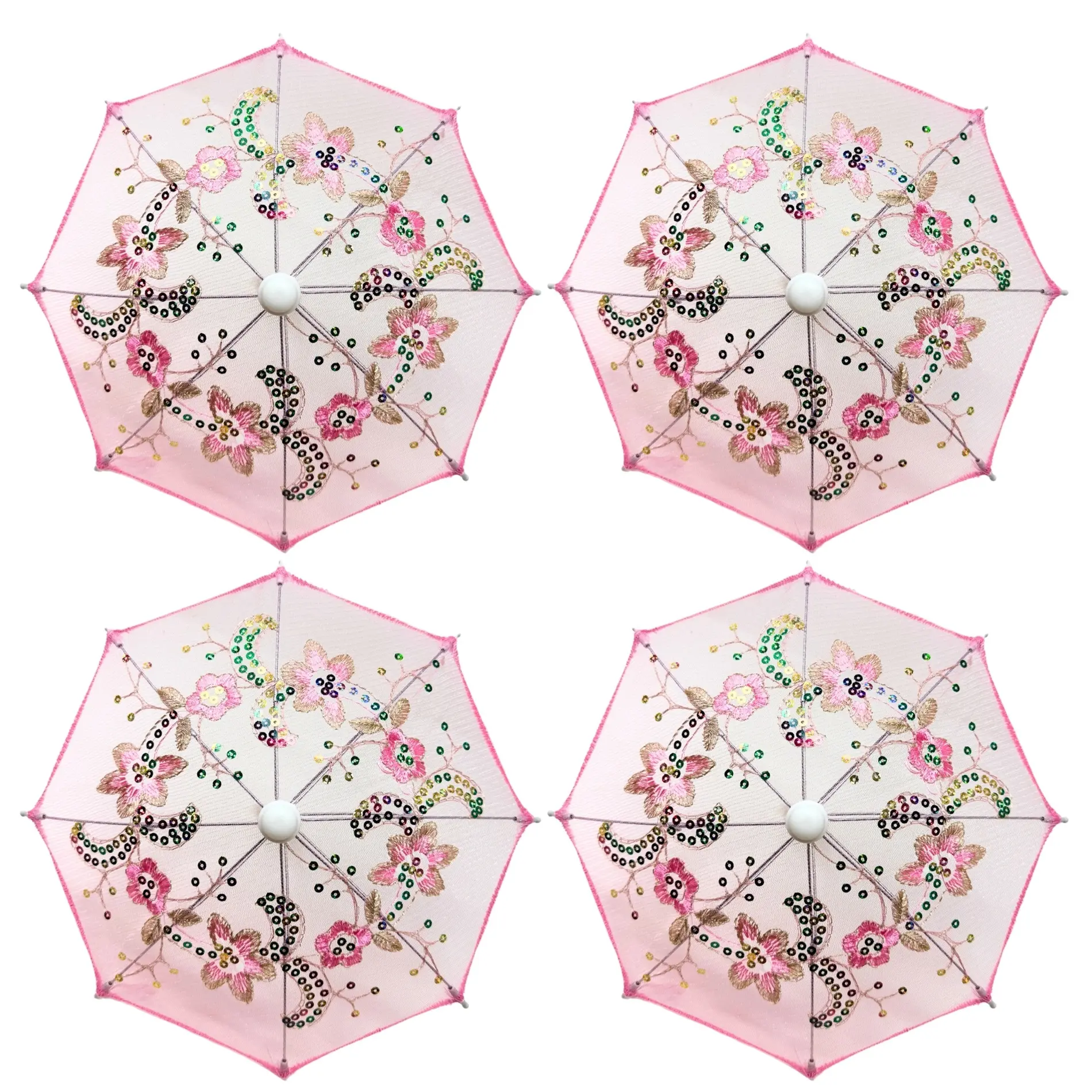 Thy Home 4-Pack Handmade Novelty Mini Lace Parasols - Lightweight Metal Frame, Sequined, 11.6in Diameter Doll-Size Decor for Children's Weddings, Photo Shoots