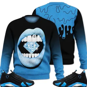 14 University Blue Outfits, Black University Blue 14s Ugly Sweater, Lip Diamond Streetwear Unisex Sneaker Matching Shirts