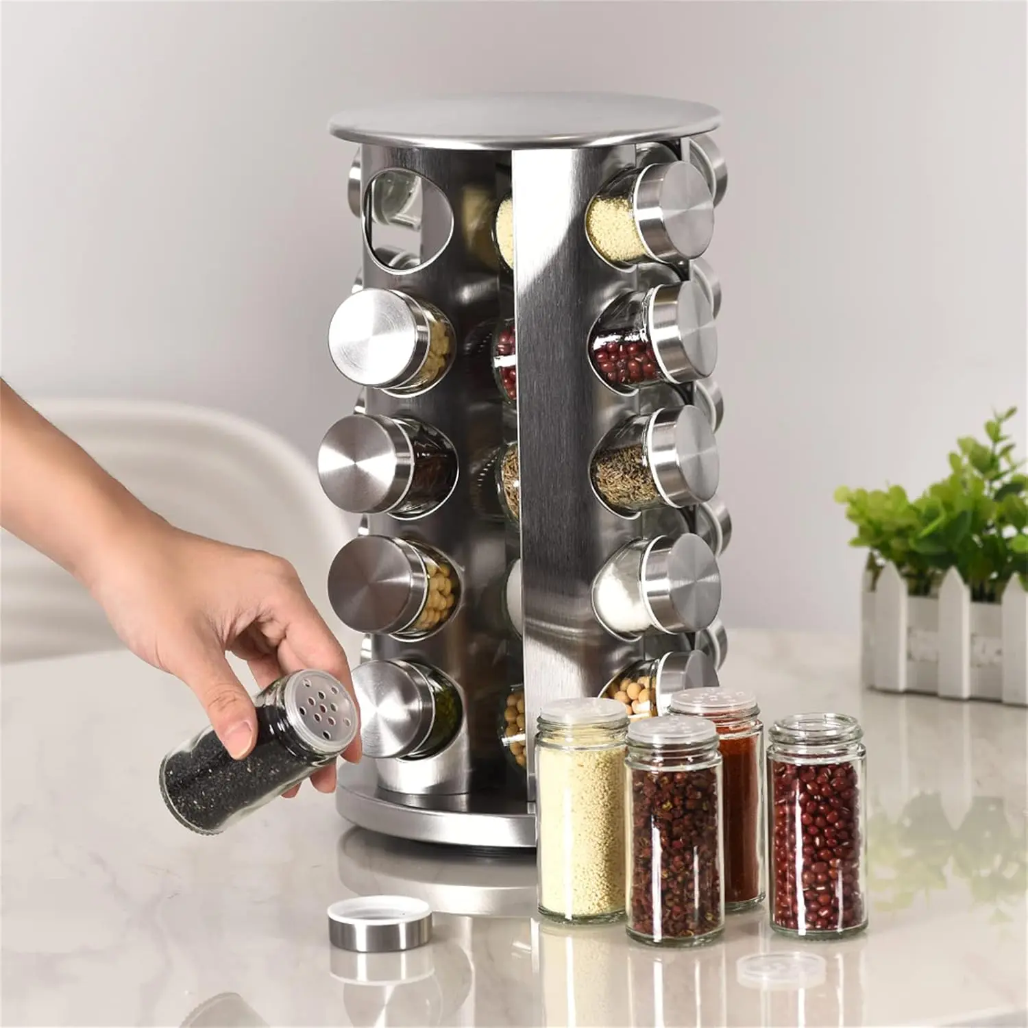 360° Rotating Spice Rack Organizer with 20 Airtight Glass Spice Jars Pre-Labeled Kitchen Storage Tower