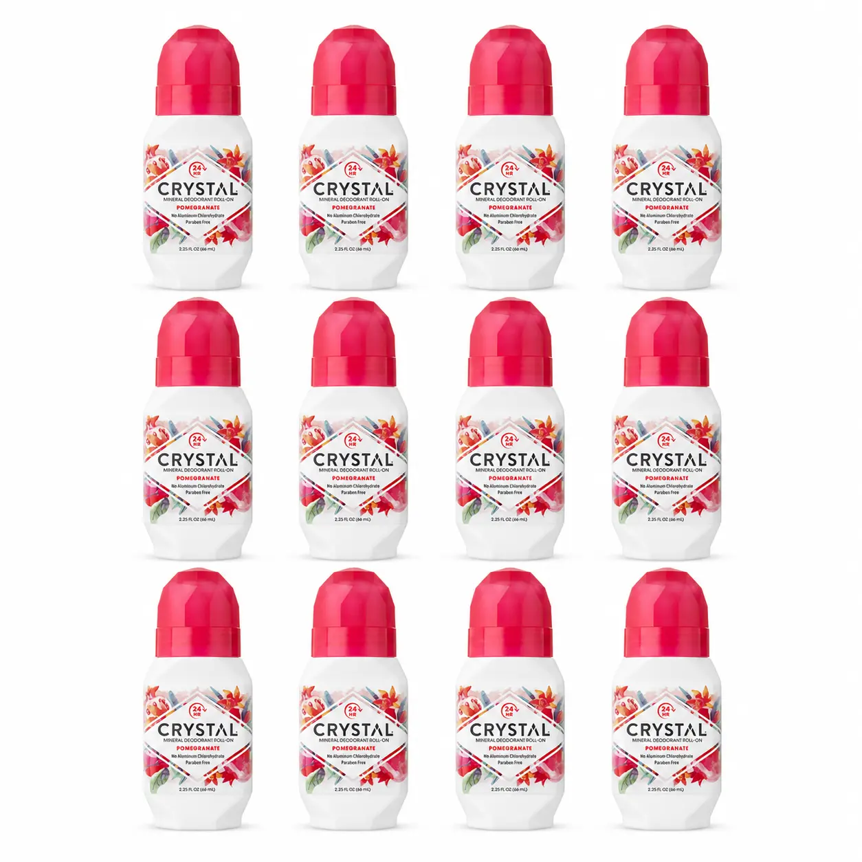 Crystal Essence Mineral Deodorant, 24-Hour Natural Body Care for Sensitive Skin, Pomegranate Fragrance, Smooth Roll-On, 2.25 fl oz (12 Pack), Scented, Aroma, Gentle