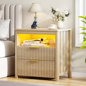 Lvifur 24" Wide LED Nightstand with 3 Drawer and Auto Sensor for Bedroom Natural,Modern Wood Bedside Table with 3 Color Light and USB&Type-C Smart End Table