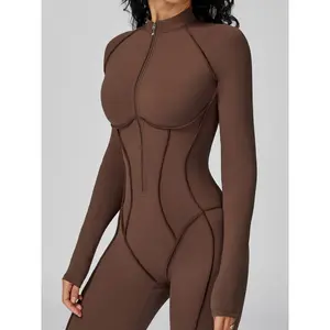 Halloween Party Must-Have Women'S Unitard - Color Block Stand-Up Collar Half-Zip, High-Intensity For Yoga/Workout, Sexy Slim Fit With 3D Contour, Long Sleeve Striped (Great For Running & Tennis Too)