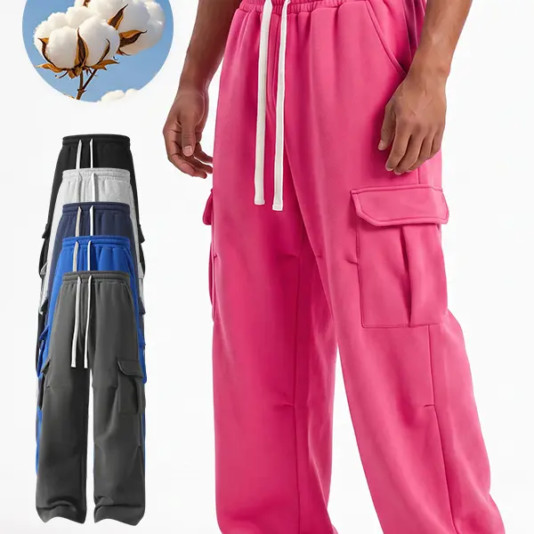 Men’s multi-pocket cargo wide-leg sweatpants, drawstring waist, loose streetwear utility trousers, multiple colors