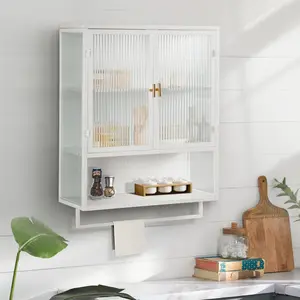YYDS Mall 23.62"Glass Doors Modern Two-door Wall Cabinet with Featuring Two-tier Enclosed Storage, an Open Shelf, and Towel Rack, for Entryway Living Room Bathroom Dining Room