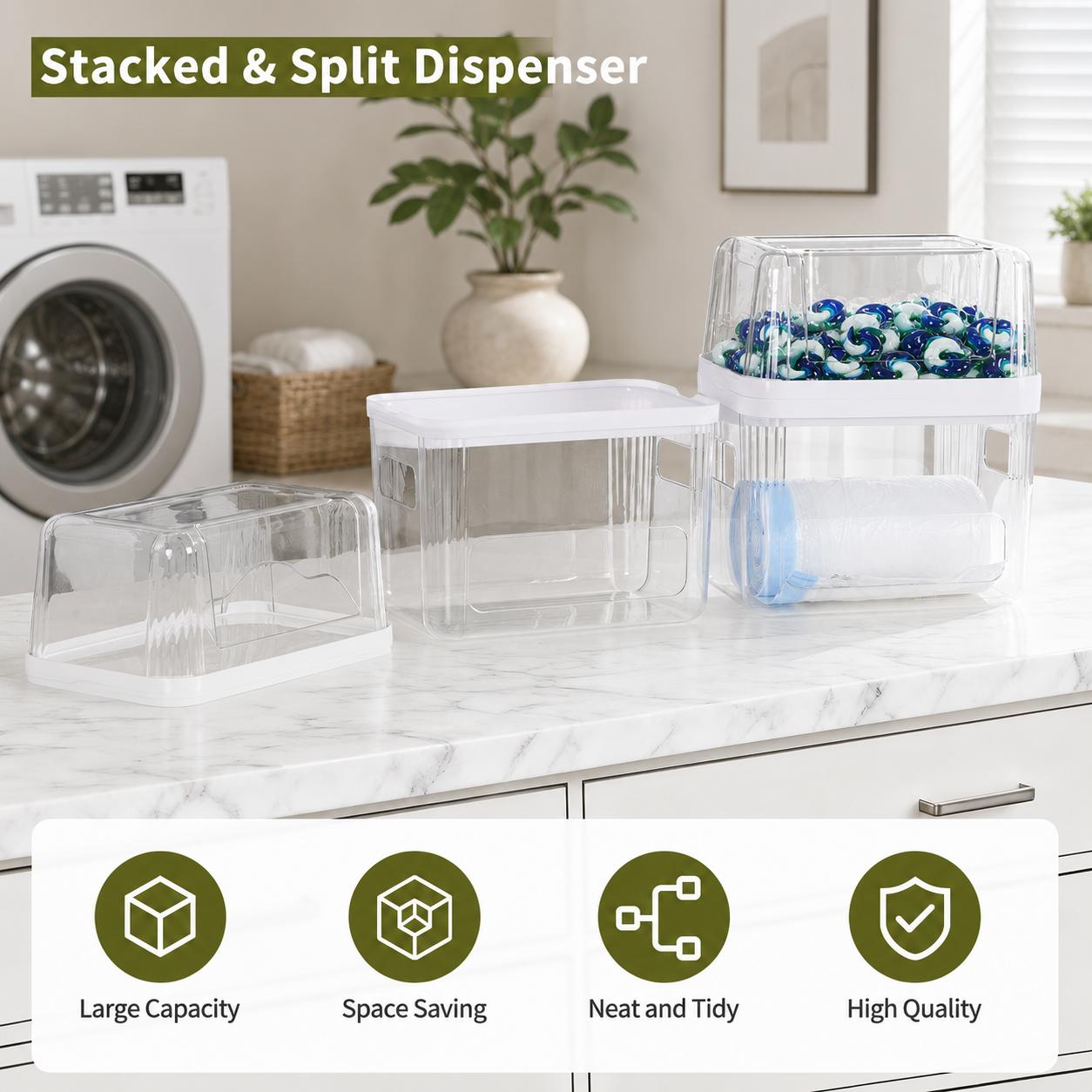 AIR U 3-in-1 Dustproof Compartment Container - Cabinet Box for 13/30/33 Gal Trash Bags, Dishwasher Pods, Laundry Detergent Tabs, Under Sink Organizer for Kitchen & Laundry Room (Dustproof Storage Boxes Line), Transparent